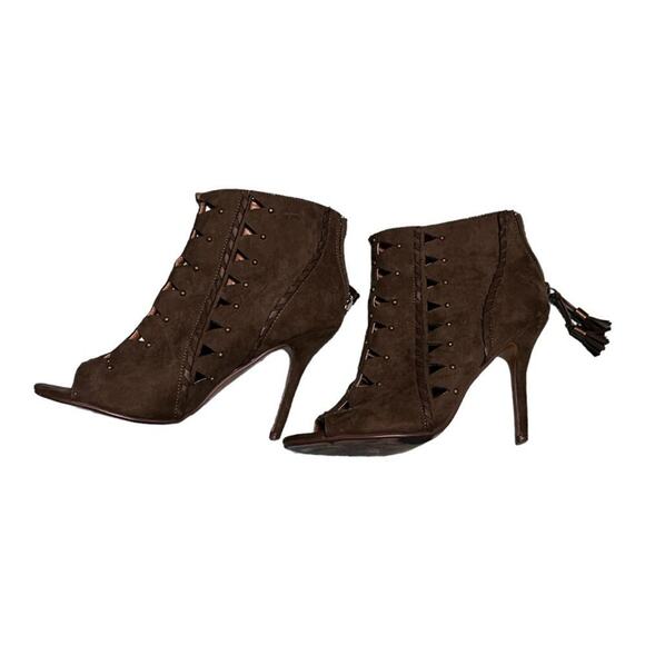 Report Olive Green Cutouts Brads Moto Heels Size 9 Cowboy Western Fringe Biker - Picture 5 of 6